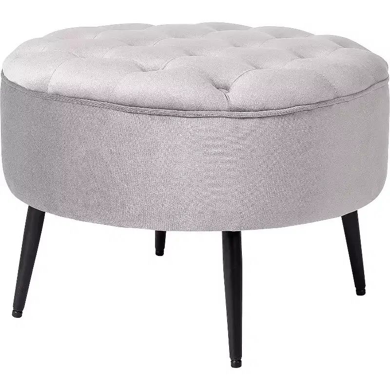 BirdRock Home Tufted Round Ottoman - Velvet Foot Stool - Grey