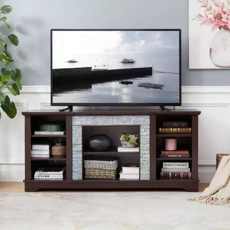 TUYOHW TV Stand for TVs up to 65 Inches,Farmhouse TV Media Console Table with Faux Stacked Stone Surround and Open Shelves