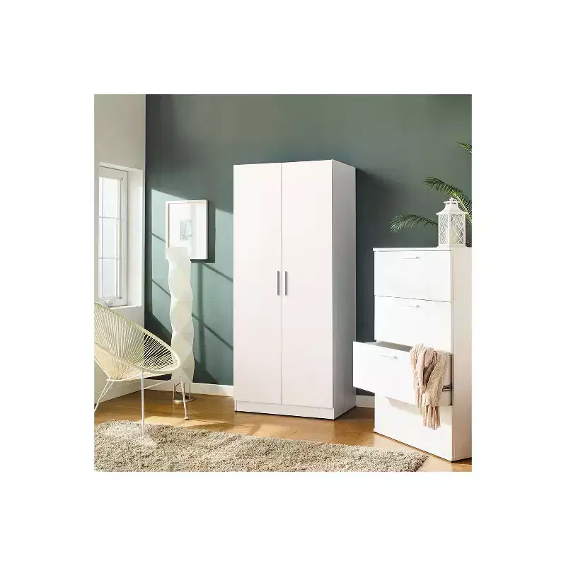 Contemporary Wood Closet with Hanging Bars and Five Shelves in White