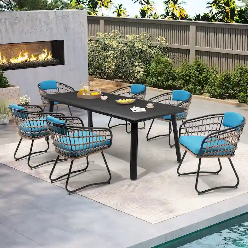 7PC Outdoor Aluminum Dining Table with Umbrella Hole with Rattan Chair