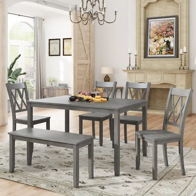 6-Piece Wooden Dining Table Set with Cross Back, 4 Chairs and Bench