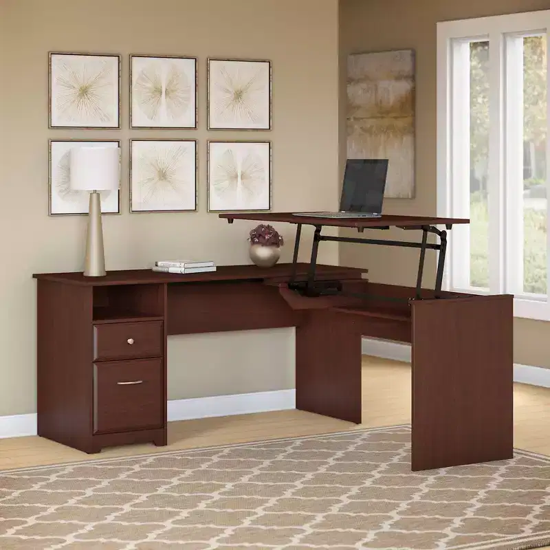 60W 3 Position L Shaped Sit to Stand Desk Harvest Cherry Ergonomic, Adjustable Height