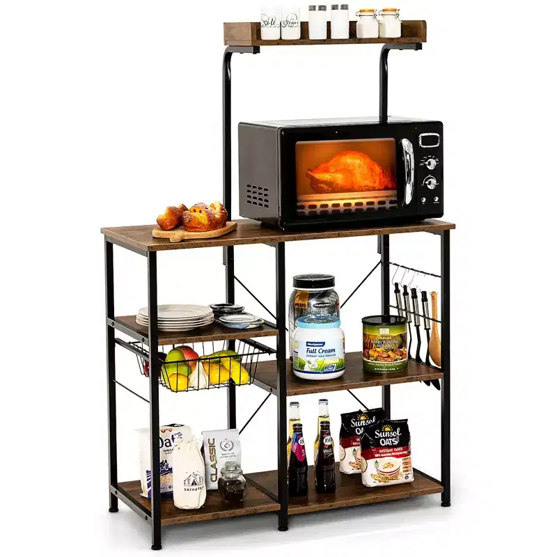 4-Tier Vintage Kitchen Baker's Rack Utility Microwave Stand w/ Basket & 5 Hooks