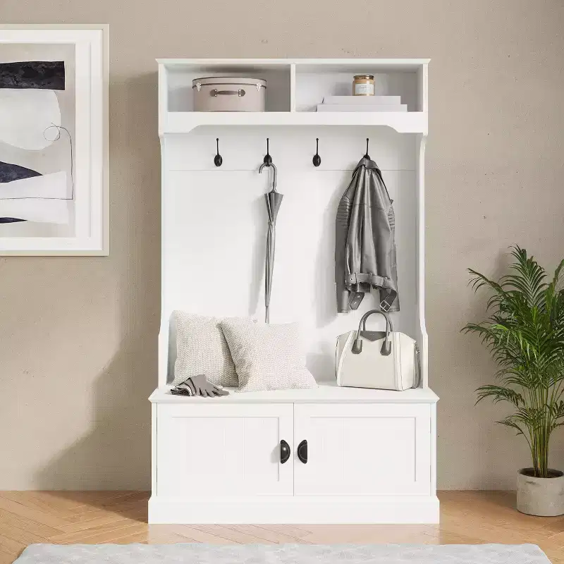 Flash Furniture Fraser Hall Tree with Double Door Storage Bench, Coat Rack with 4 Double Hooks, and 2 Upper Storage Cubbies