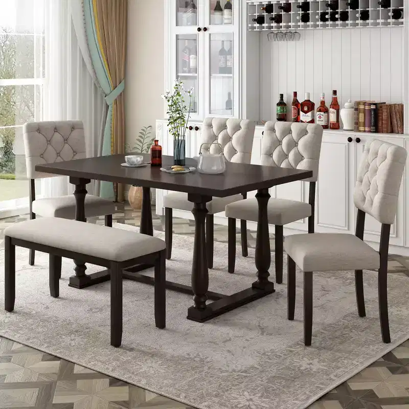 Whisen 6-Piece Dining Table and Chair Set with Special-shaped Legs and Foam-covered Seat Backs and Cushions