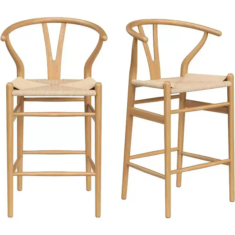 Natural Wood Wishbone Counter Stool, X-Back, Woven Seat, 1-Seat