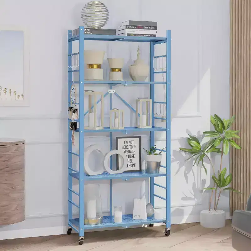 5-Tier Folding Shelf - 5 Second Setup, 440 lb Capacity, 20 Hooks & Wheels, Space-Saving