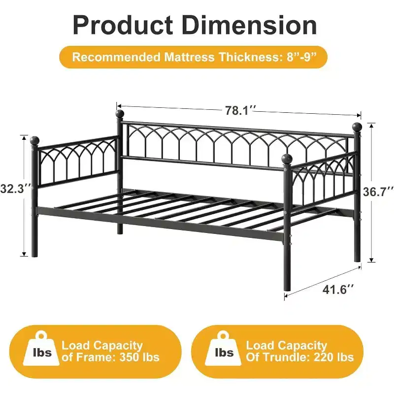 Heavy Duty Twin Size Daybed Platform Sofa Bed Frame with Charging Station