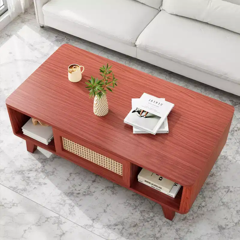 Red Rectangular Coffee Table with Rattan Drawer, Seats 1, 43