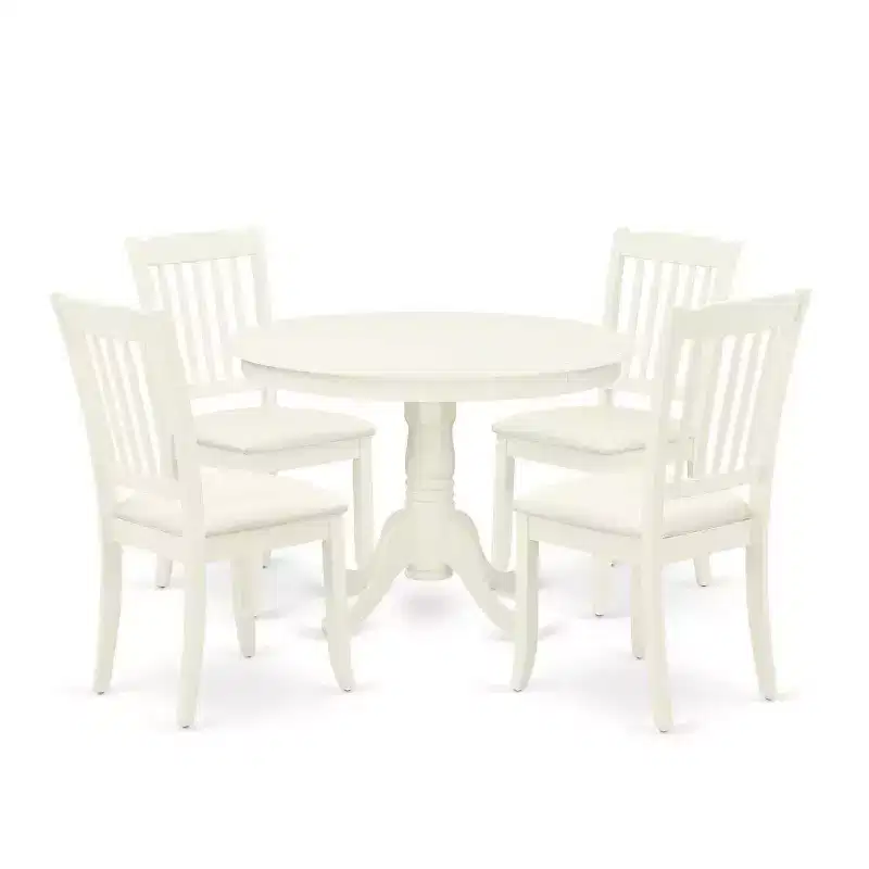 HomeStock 5-Piece Round Linen White Finish Solid Wood Top Dining table with 4 Chairs with Slat Back