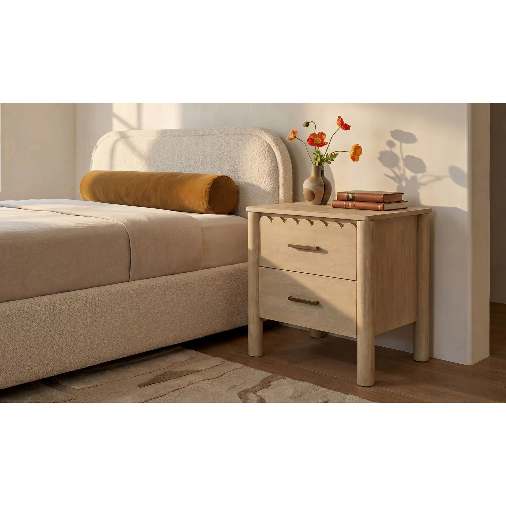 Shaker-Inspired Mango Wood Nightstand with Scalloped Edge & Heavy Brass Handles for Bedroom