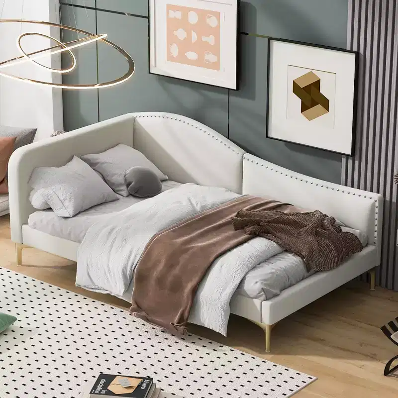 Twin/Full Size Linen Upholstered Daybed with Headboard, Armrest & Support Legs
