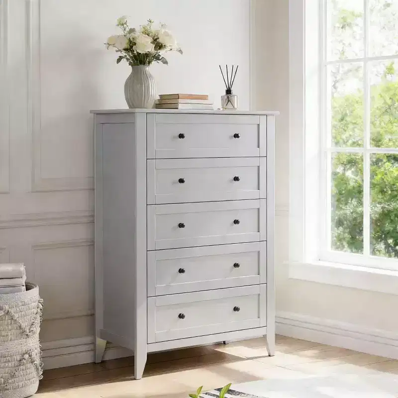 5 Drawers Dresser Wood Chest of Drawers, Storage Dressers Organizer with Gold Handles, Deep Drawers, Living Room, Closet, Hallway, Grey