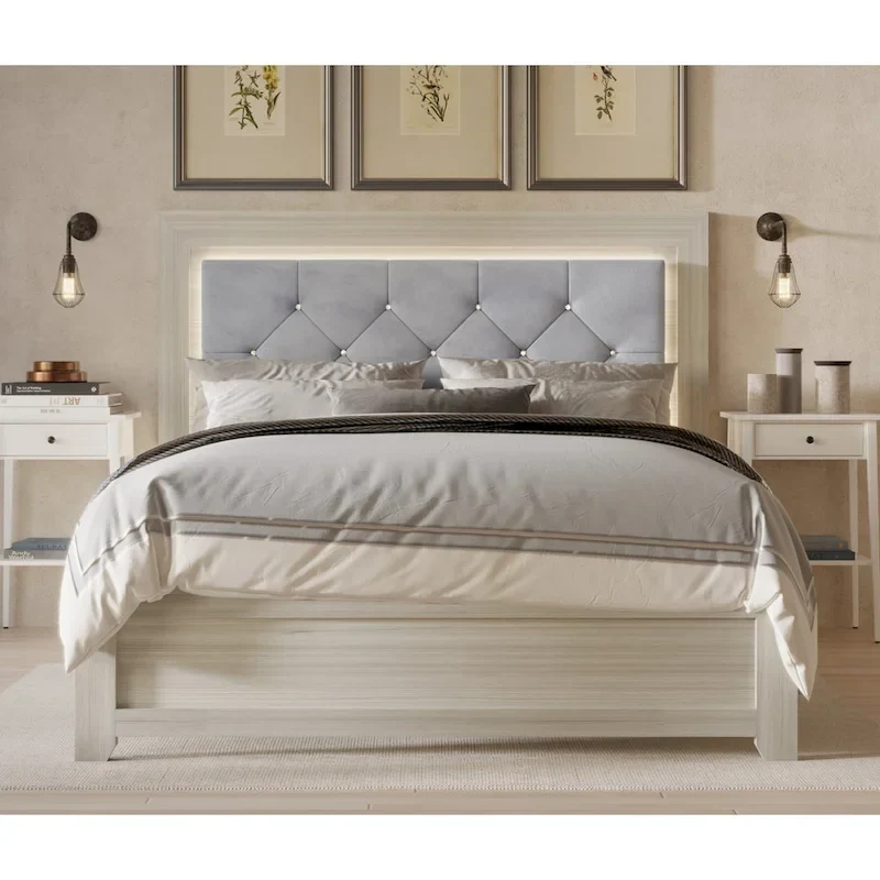 Velvet Upholstered Panel Bed with Diamond Tufting and Touch LED Headboard – Silver Gray / Light Gray, Full / Queen / King, 2-Person Use