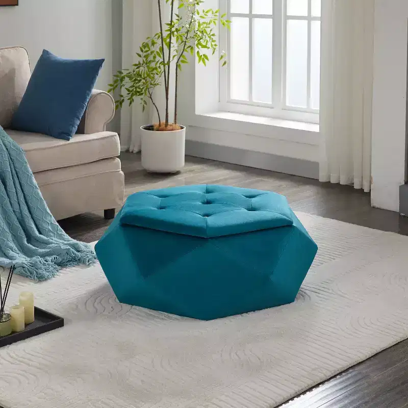 Okak Modern Velvet Diamond Tufted Ottoman Coffee Table with Practical Storage,Multi-Functional Side Footrest for Bedroom,Entryway
