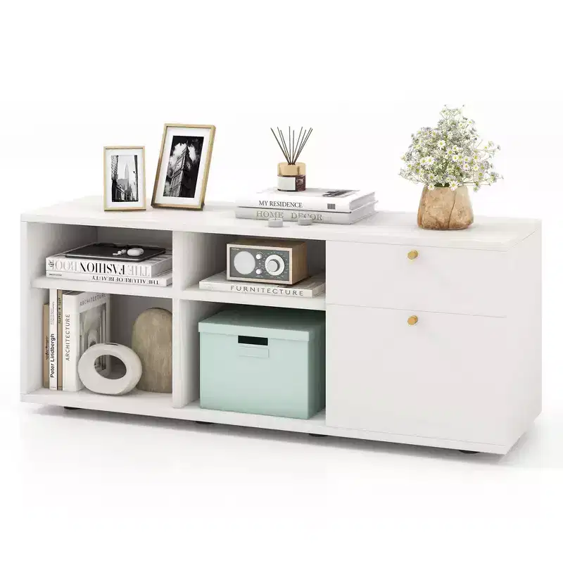 Storage Cabinet with 2 Drawers, 4 Open Cubes, Adjustable Feet, White