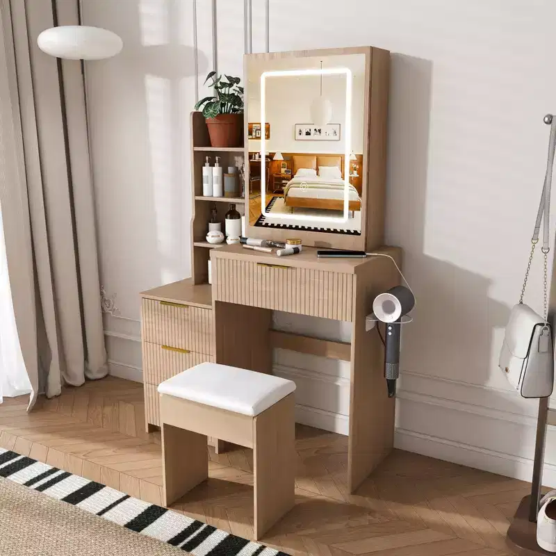 GDFStudio Wafa Modern Wooden Vanity Desk with Adjustable LED Light, Mirror and 1 Dressing Chair
