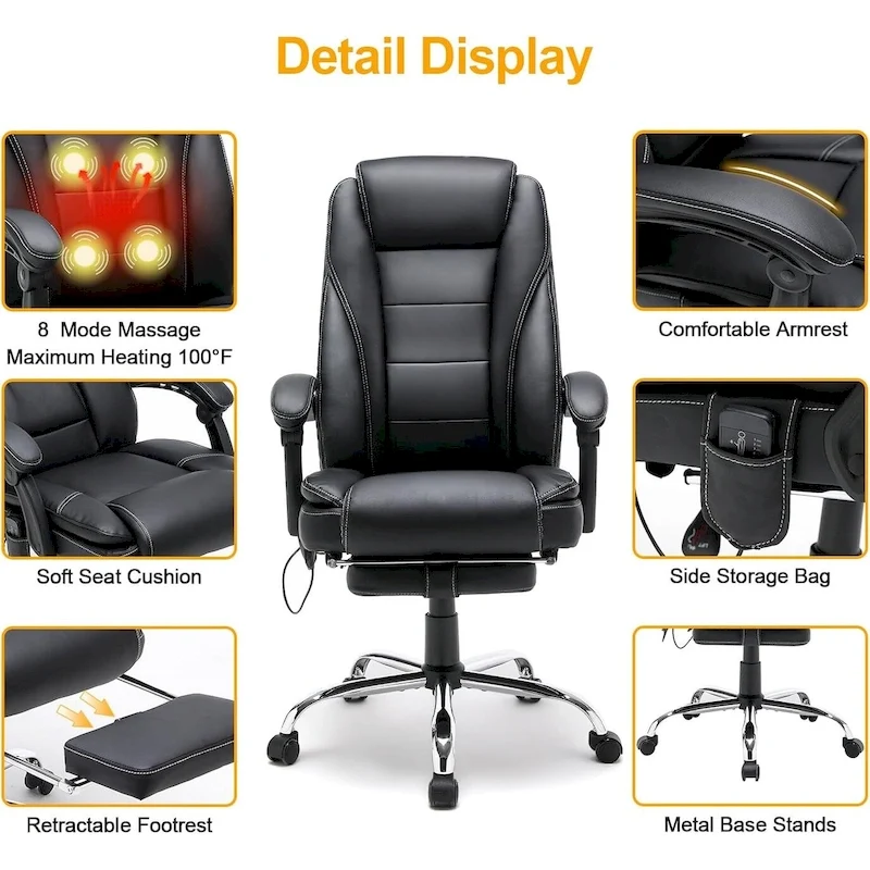 Ergonomic Heated Executive Office Chair, 2/4/6-Point Massage, Retractable Footrest, PU Leather