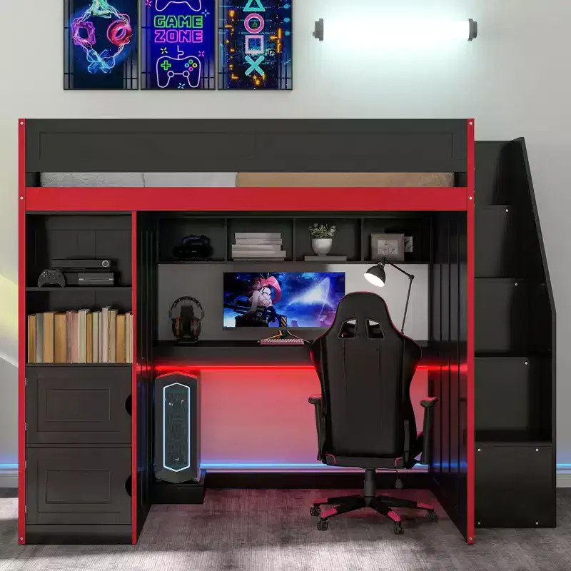 Gaming Loft Bed with Desk, Storage Space and LED Lights