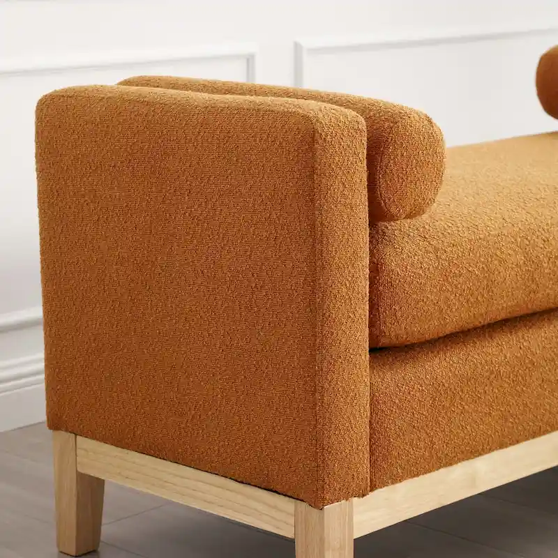 53.5W Elegant Boucle Upholstered Bench, Ottoman with Wood Legs & Bolster Pillows