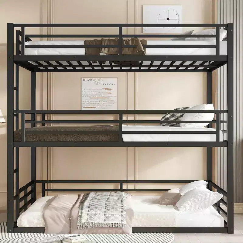 Full over Full over Full Bunk Bed, Metal Triple Bunk Bed with Safety Guardrails, Heavy-duty Bunk Bed with Noise-reduced Design, Black