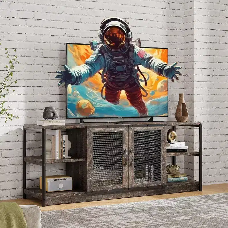 Industrial Farmhouse TV Console - 65+ Media Stand with Mesh Doors & Open Shelves for Living Room