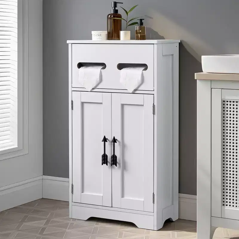 Bathroom Storage Cabinet Wooden Floor Cabinet with 2 Doors & Roll Toilet Paper Holder, White
