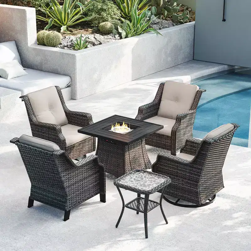 UPTIOT 6-Piece Outdoor Set with Swivel Chairs, Armchairs, Side Table & Fire Pit