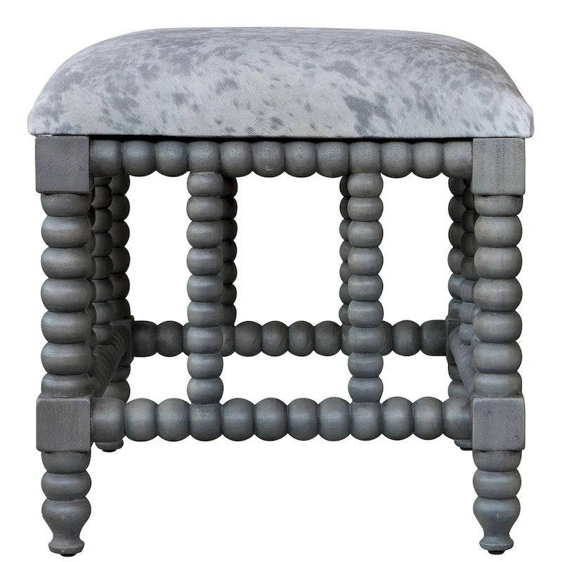 Small Accent Bench with Faux Cowhide Upholstery, Rustic Western Style Living Room Bedroom Seat