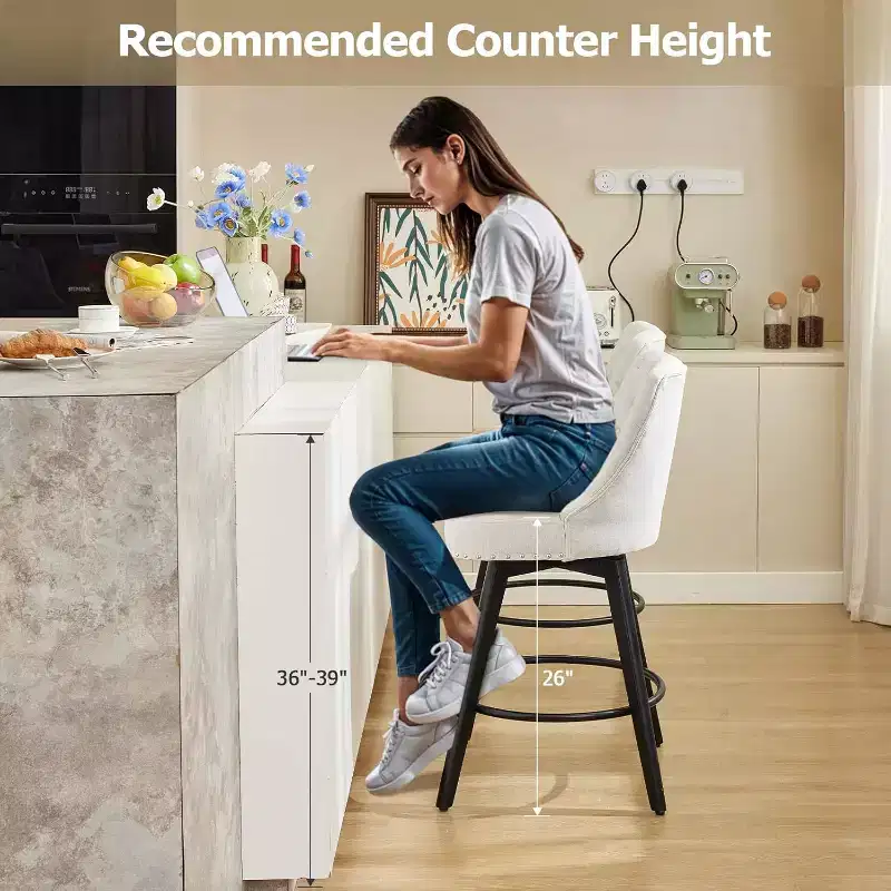 Modern Swivel Bar Stools , Upholstered, Footrest, Backrest and Metal Legs, Modern Counter Height Barstools for Bar, Kitchen Island