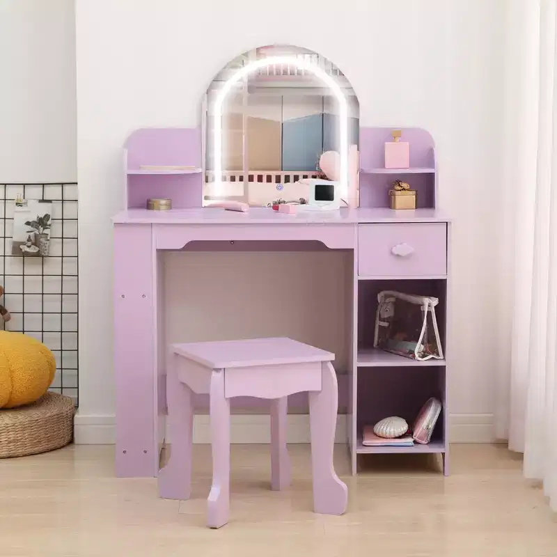 GustoWave Kids Vanity with Mirror & Stool, Bookshelf, Storage Drawer & Shelves for Girls 3-9, Purple