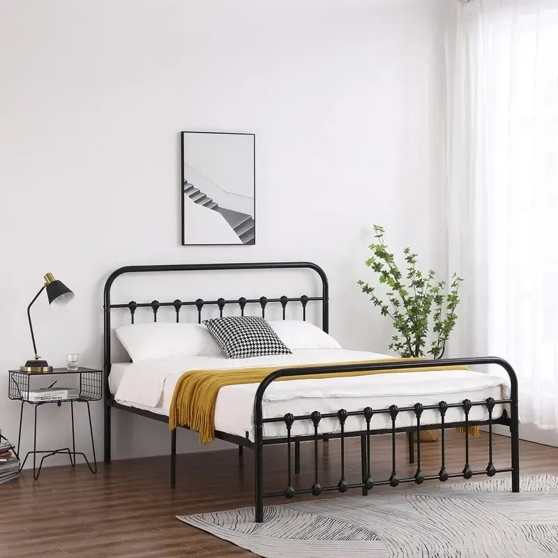 Iron Bed Frame with Shell Headboard Detail and Slat Support – Black, Twin / Full / Queen