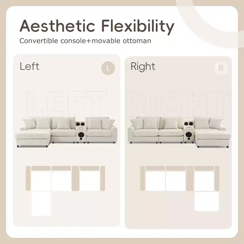 Whisen 4-Seat L-Shaped Sectional Sofa, Convertible Comfy Chaise, Console, Bluetooth Speakers, USB Ports, Cup Holders