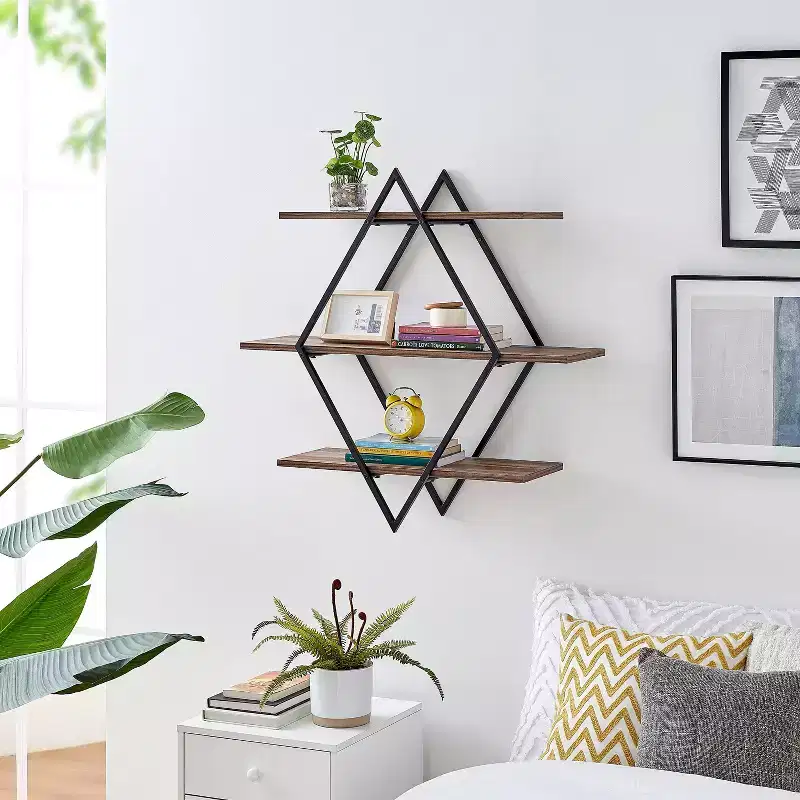 3-Tier Antigua Crossed Double Diamond Wall Shelf Unit in Black and Rustic with Iron Frame