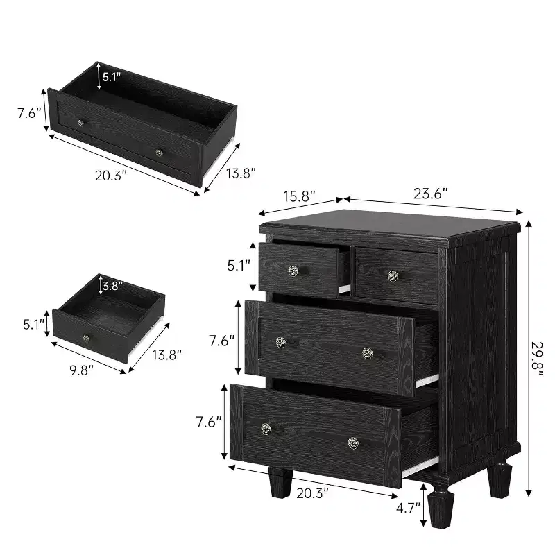 4 Drawer Vintage Wood Dresser, Carved Handles & Tapered Legs, Large Storage Bedroom, Light Brown
