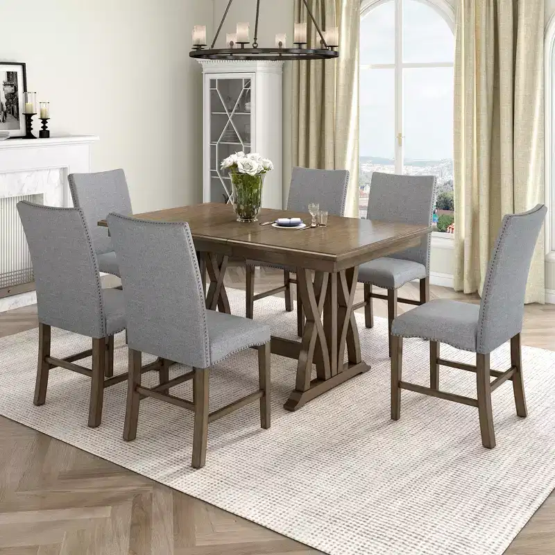 7 PCS Extendable Dining Set for 6, Dining Table Set with 6 Upholstered Dining Chairs, Mid-Century Style, Golden Brown+Gray-ModernLuxe