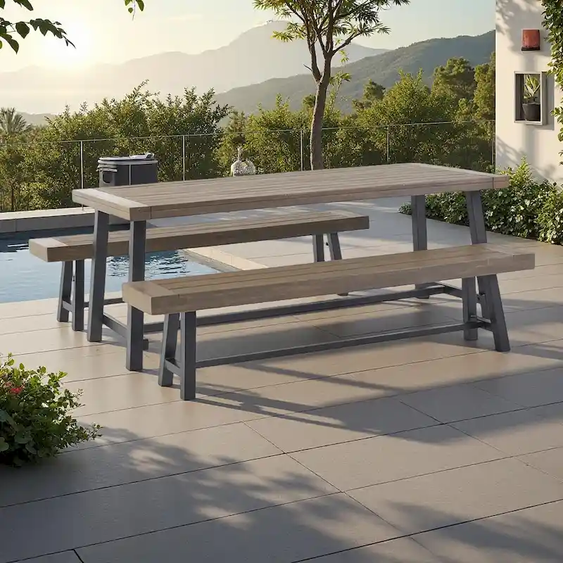 Rustic 3-Piece Outdoor Patio Picnic Dining Set with 2 Benches, Acacia Wood and Iron Frame