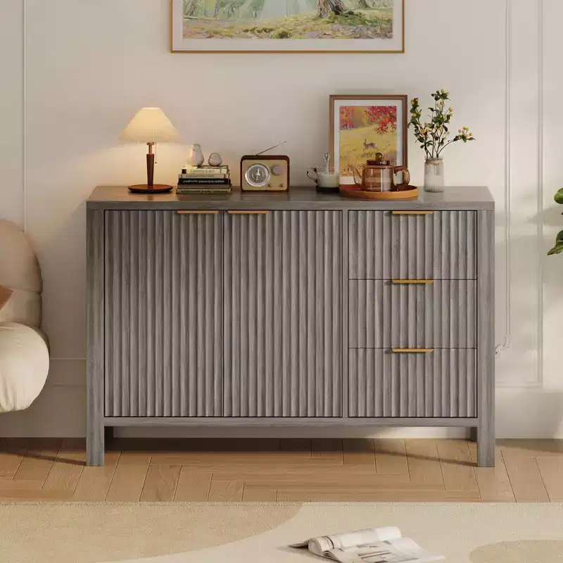 47in Large Fluted Storage Cabinets, Sideboard Buffet Cabinet Coffee Bar Cupboard Wooden Credenza with 3 Drawers for Kitchen Living Room Entryway