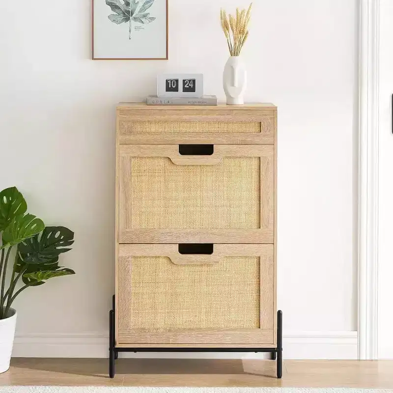 Farmhouse Rattan Shoe Cabinet - 3-Tier Slim Wooden Shoe Rack with 3 Drawers & Adjustable Shelves