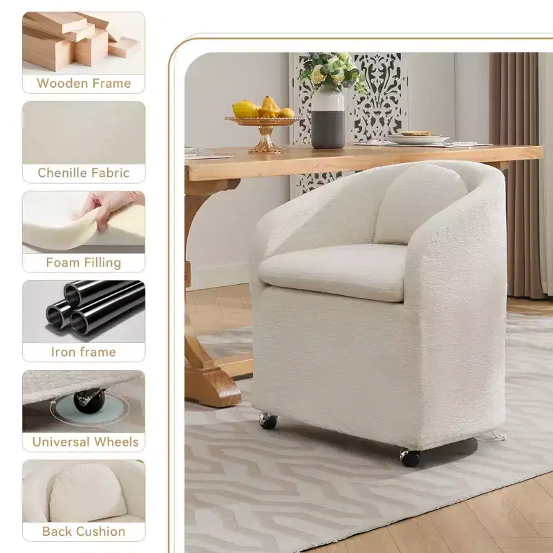 Set of 1 Chenille Fabric Dining Armchair With Back Cushion and Universal Wheels,Beige