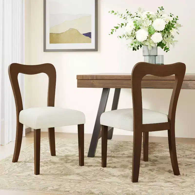 Christopher Knight Home Set of 2 Aaron Rubberwood Upholstered Dining Chairs with Curved Open Back Beige/Walnut