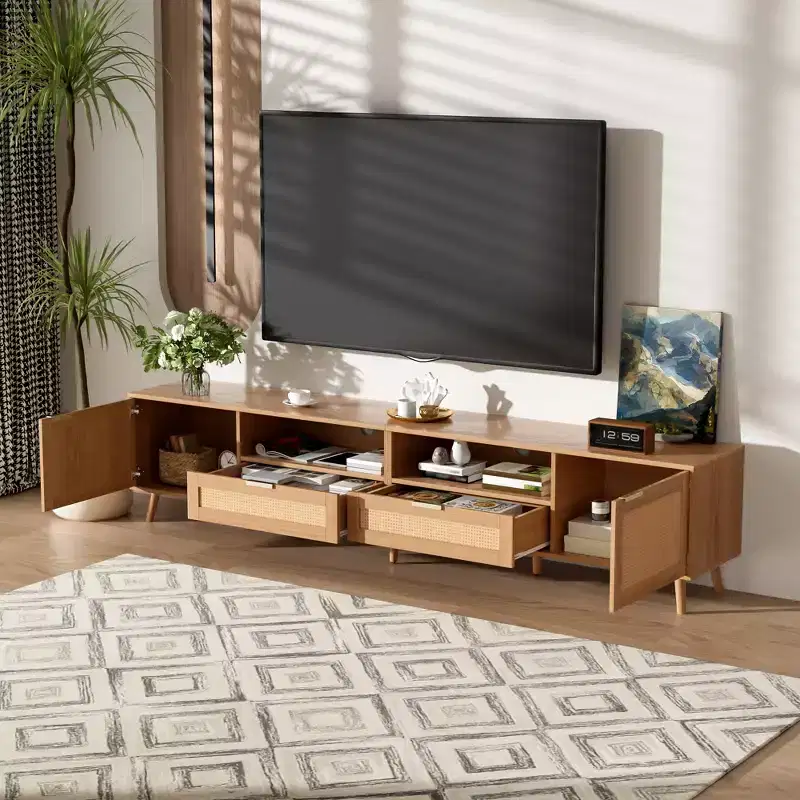 ModernLuxe Rattan TV Stand for TVs up to 90'', Modern Farmhouse Media Console TV Cabinet Entertainment Center with Storage Space, Natural