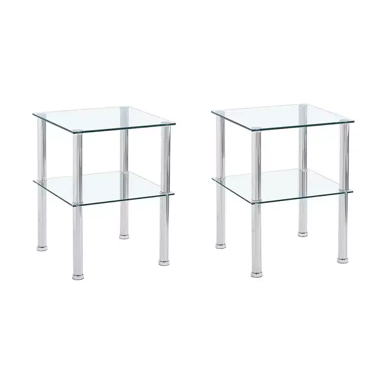 Set of Two Clear and Silver Glass and Metal Square End Tables With Shelf