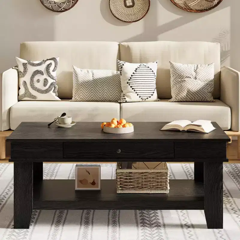 Garvee Coffee Table with Drawer 47.24 Center Table with Open Shelf Large Living Room Table