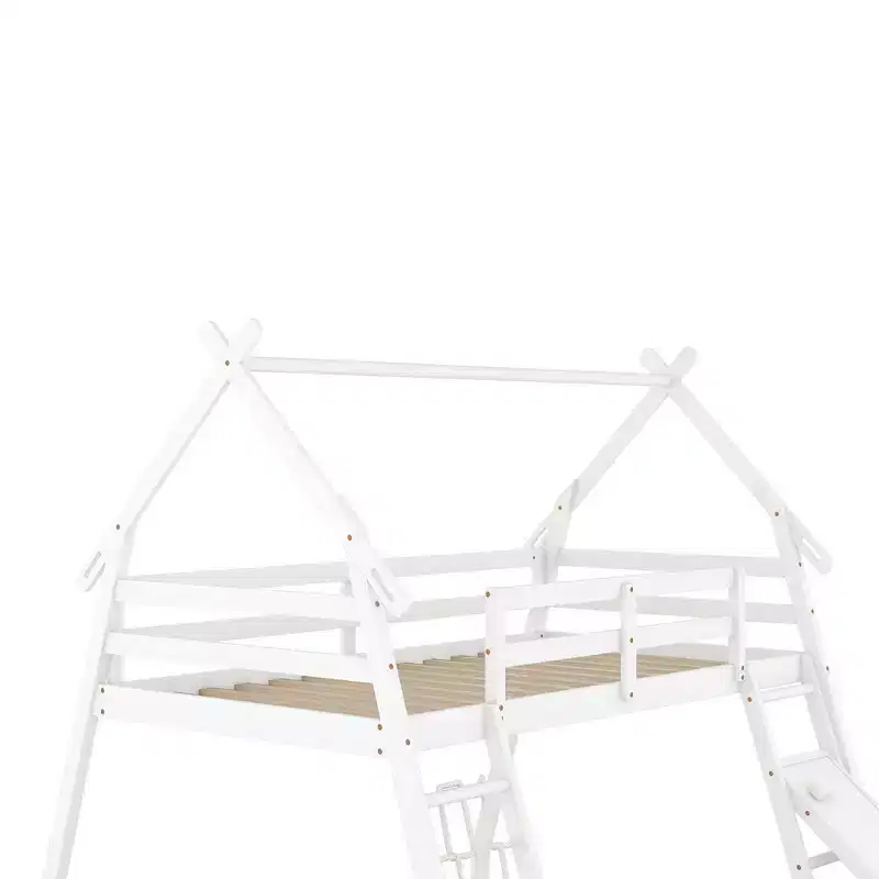 Twin Over Queen House Bunk Bed with Climbing Nets and Ramp