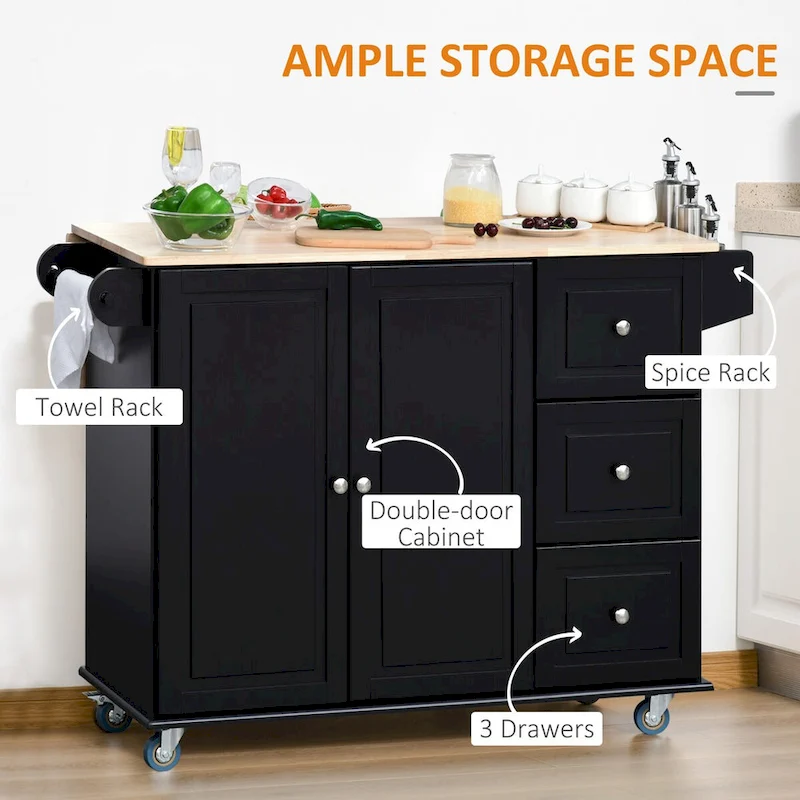 Mobile Kitchen Island with Drop Leaf, Towel Rack and 3 Drawers