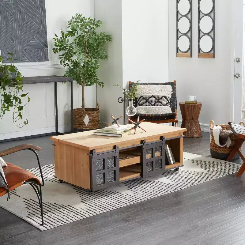 Industrial Wood Coffee Table Brown Rustic 2-Tier Shelving, Hidden Drawer, Sliding Metal Door