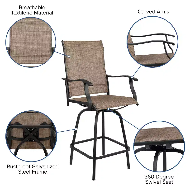 Merrick Lane Set of 2 Brett High Back Bar Height Swivel Patio Stools with Powder Coated Metal Frames and Textilene Upholstery