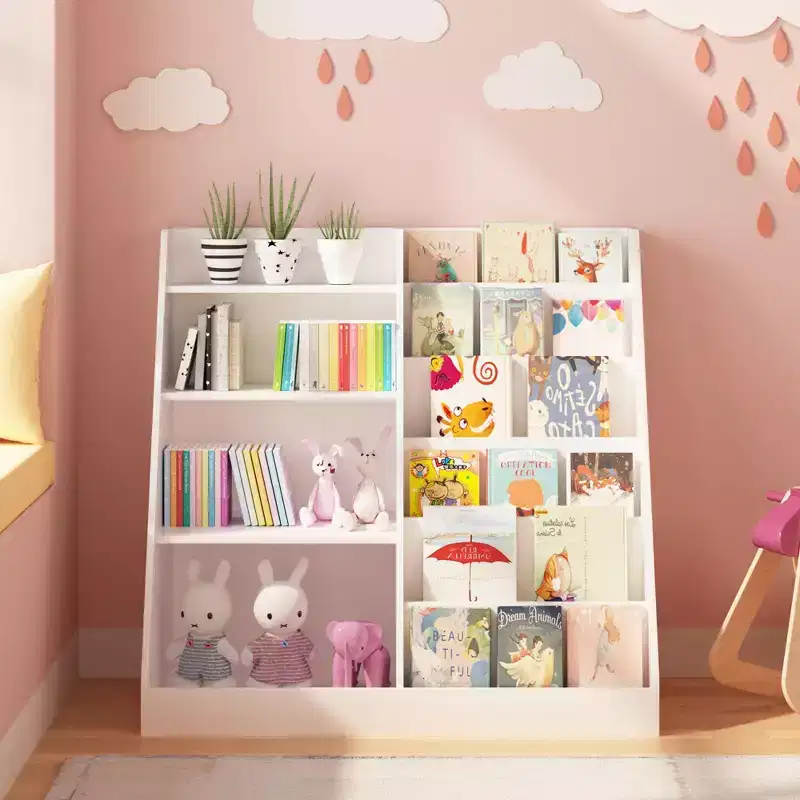 JVNOXK 4-Tier Wooden Kids Bookshelf with Toy Storage Organizer, Multifunctional Children Bookcase Display Shelf for Kids Room