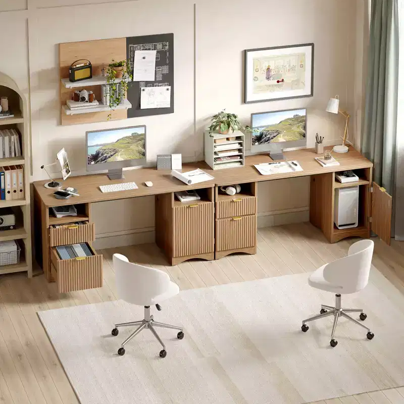 59Modern Executive Desk with Storage,Wood Home Office Desk with 2 Drawers & 3 Cabinet,Fluted Writing Desk for Study & Living Room